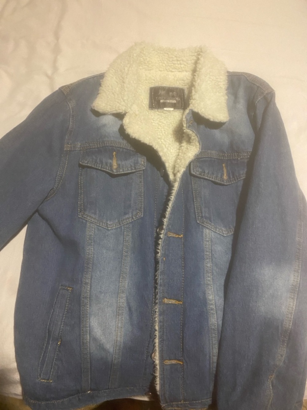 Denim Sherpa-Lined Jacket in Blue with Cream Collar